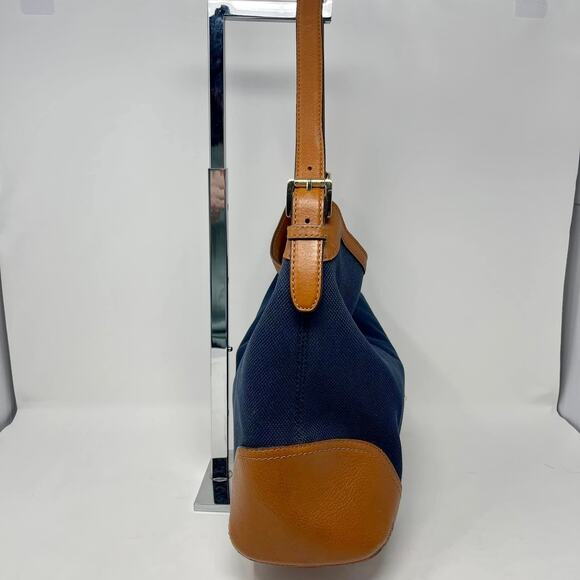 Michael Kors Navy‎ Blue Canvas Camel Leather Trim Millbrook Hobo Tote Bag